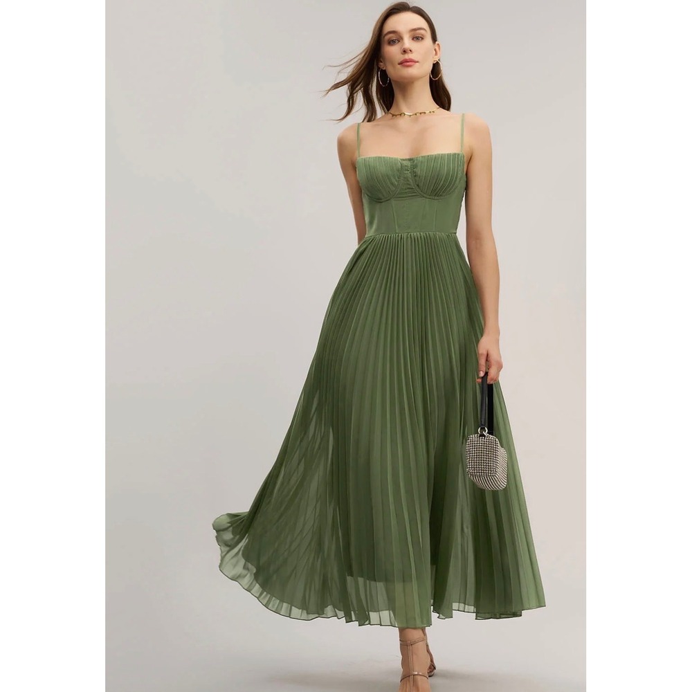 RIHOAS Olive Green Corset Pleated Maxi Dress Sweetheart Neckline US 2-4 NEW